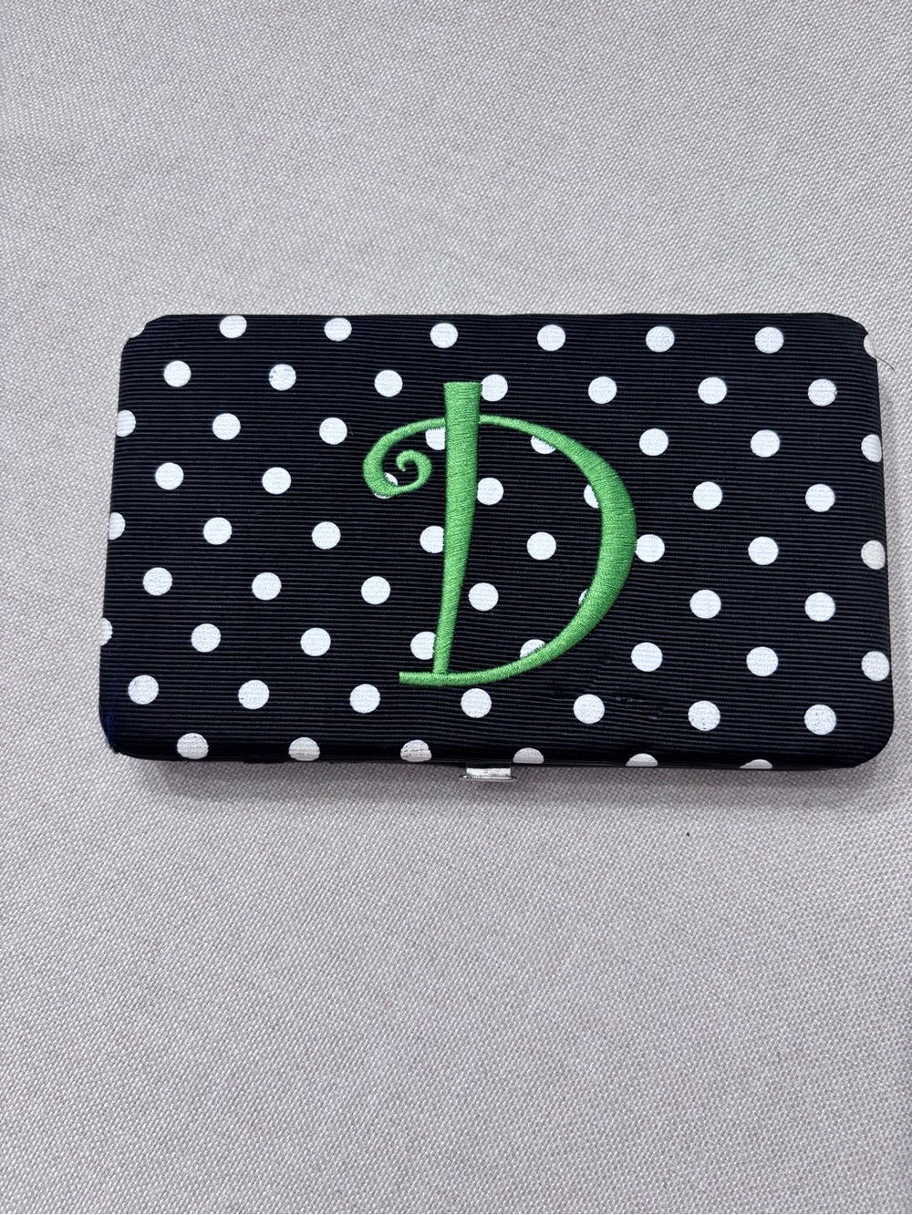 Monogrammed Polka Dot clutch wallet Black with white polka dot Green Initial D
